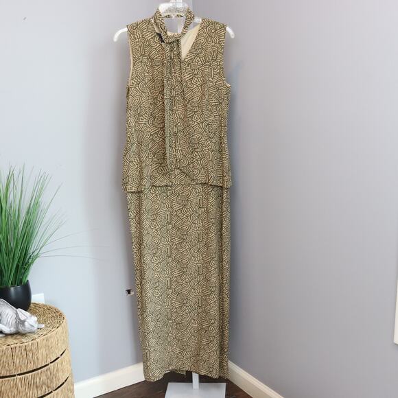 Spenser Jeremy 100% Silk Maxi Dress Sz 8 Tan Green Geometric Print Neck Tie - Picture 1 of 6